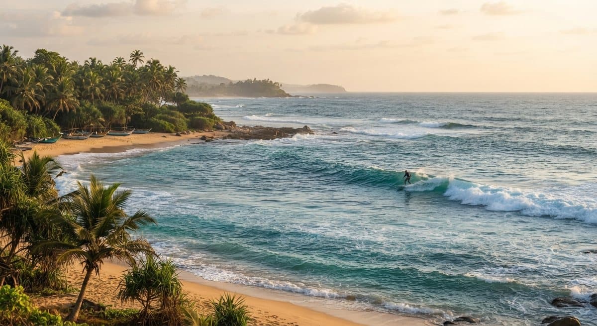 A surfer riding a wave along a palm-lined Sri Lankan coastline