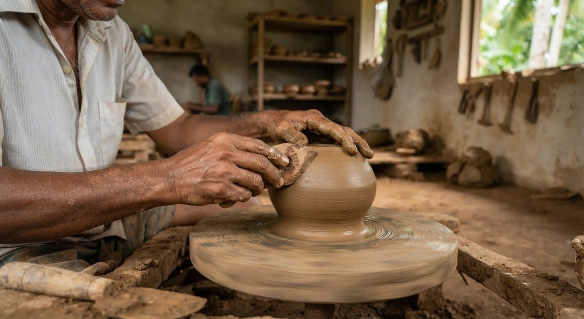 Traditional pottery being shaped by hand on a wheel