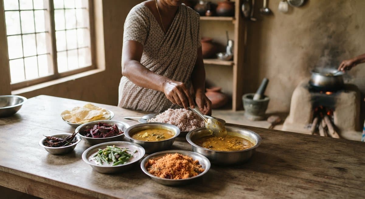 A traditional Sri Lankan meal being prepared in a village kitchen
